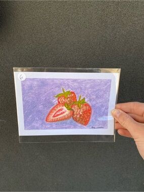 Hand drawn oil pastel Strawberry Art Print - Red & Green on Purple